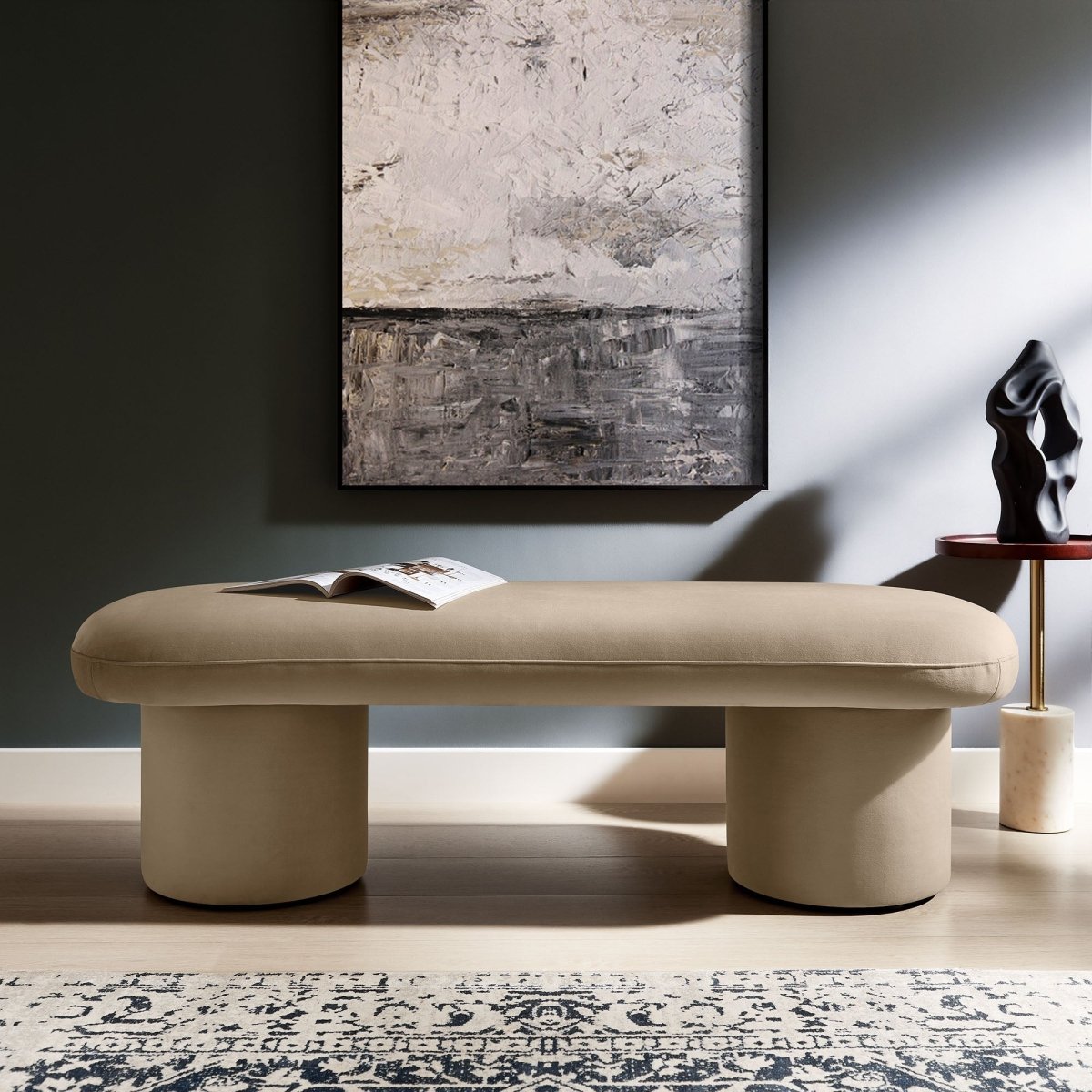 56 Inch Performance Velvet Bench with Cylindrical Legs and Overhang Seat - Benches available at Alpine Outlets in Denver