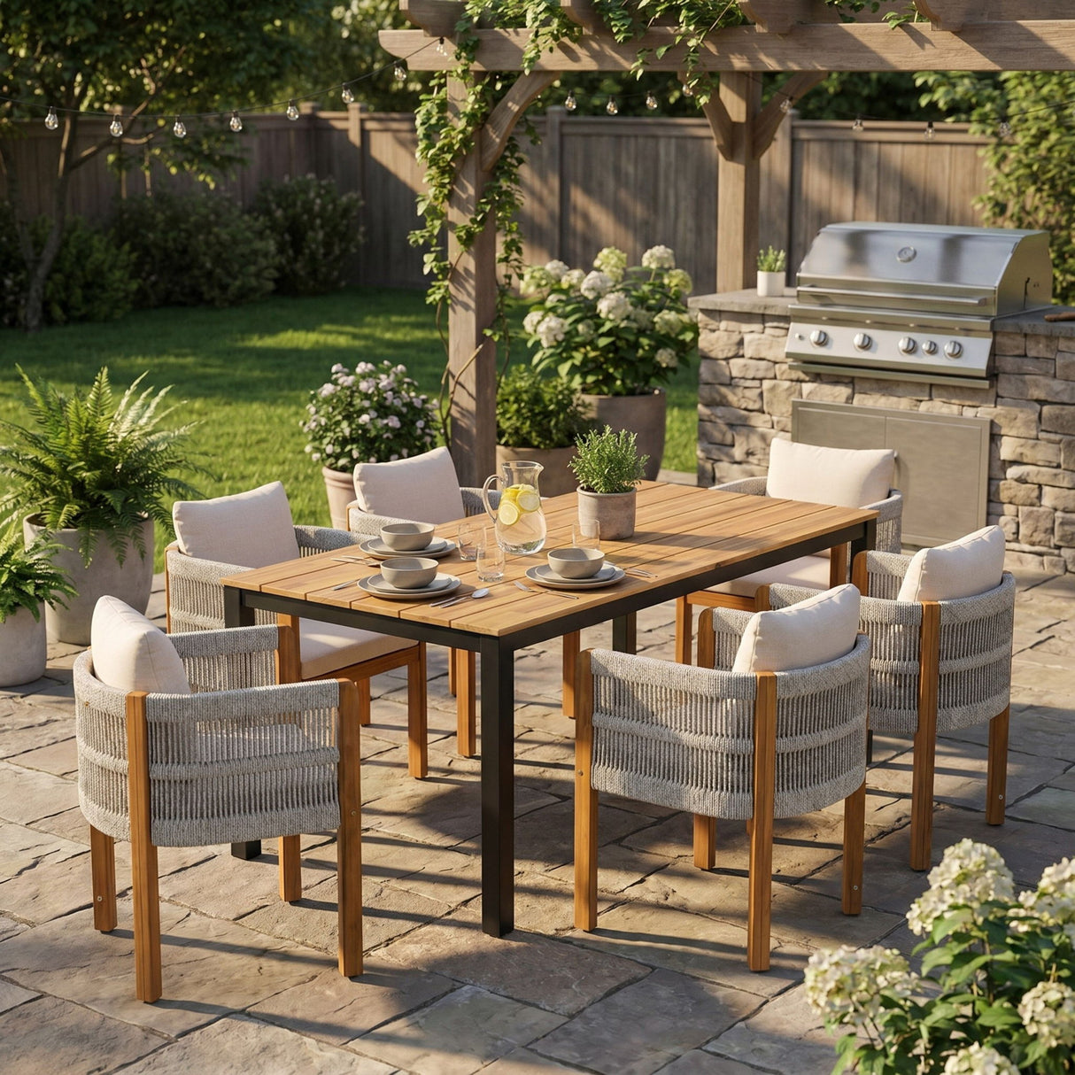 Outdoor Dining Set & Table And Rope Chairs