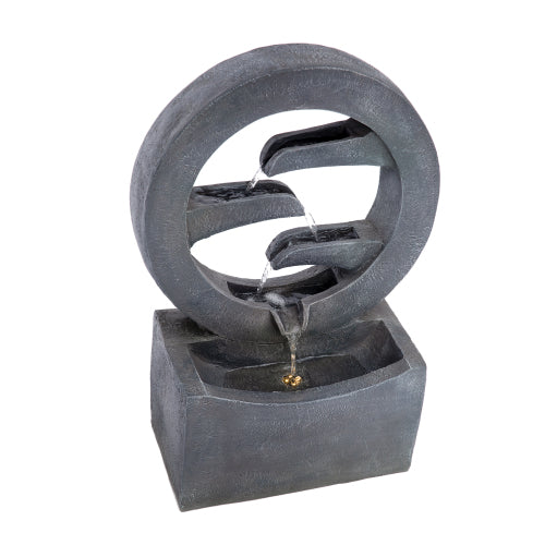 26.77"H Gray Circular Polyresin Outdoor Water Fountain with LED Light, Freestanding Modern Cascading Water Feature for Patio Garden Backyard Decor
