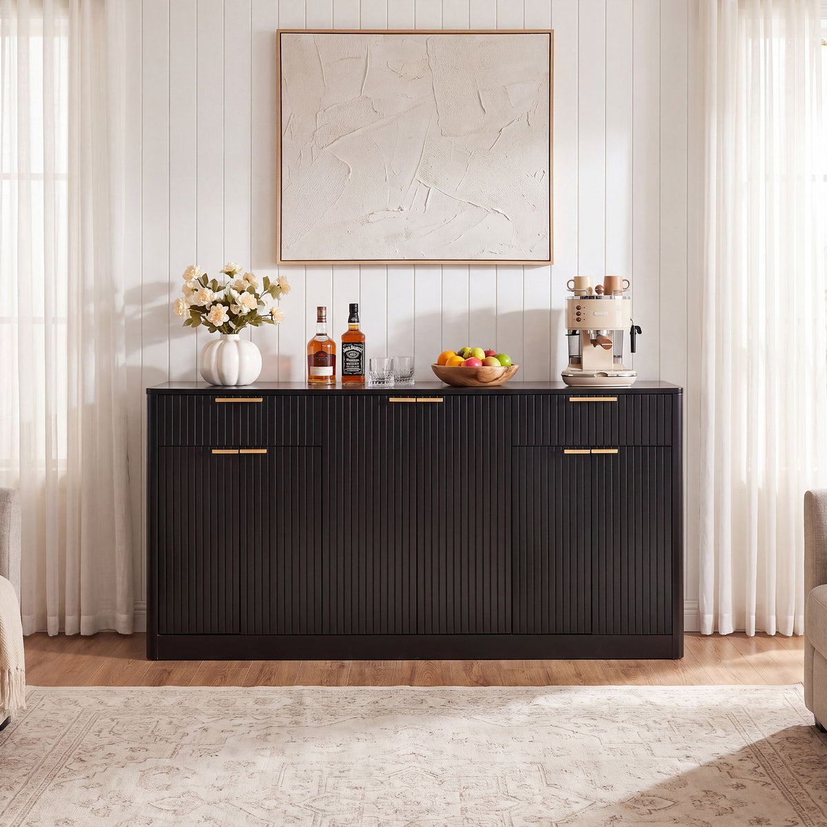 Large Fluted Buffet Sideboard, Wine Bar Storage Cabinet With 6 Doors & 2 Drawers