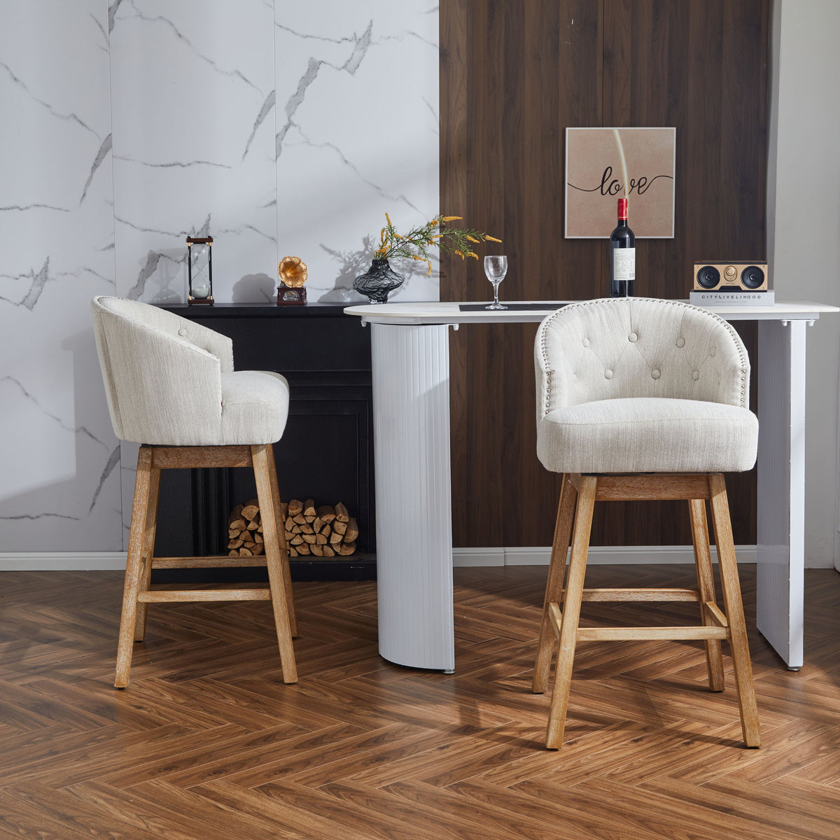 Swivel Counter Stools (Set of 2), Upholstered Counter Height Bar Stools With Solid Rubber Wood Frame, Backrest, Footrest, Armless Barstools For Home Bar, Kitchen Counter - Natural / Beige