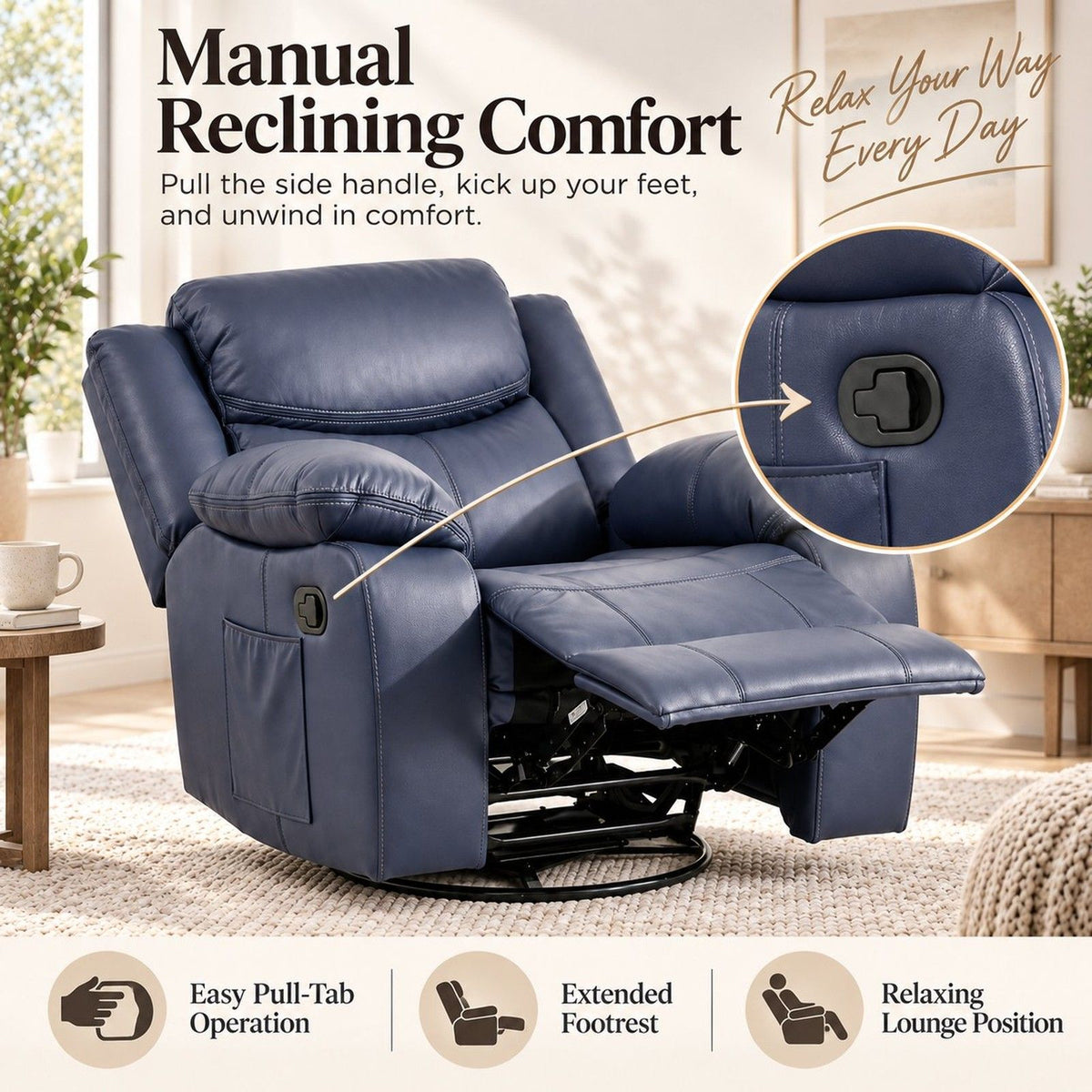 Rocker Recliner Chair With Manual Recline And 360° Swivel Base