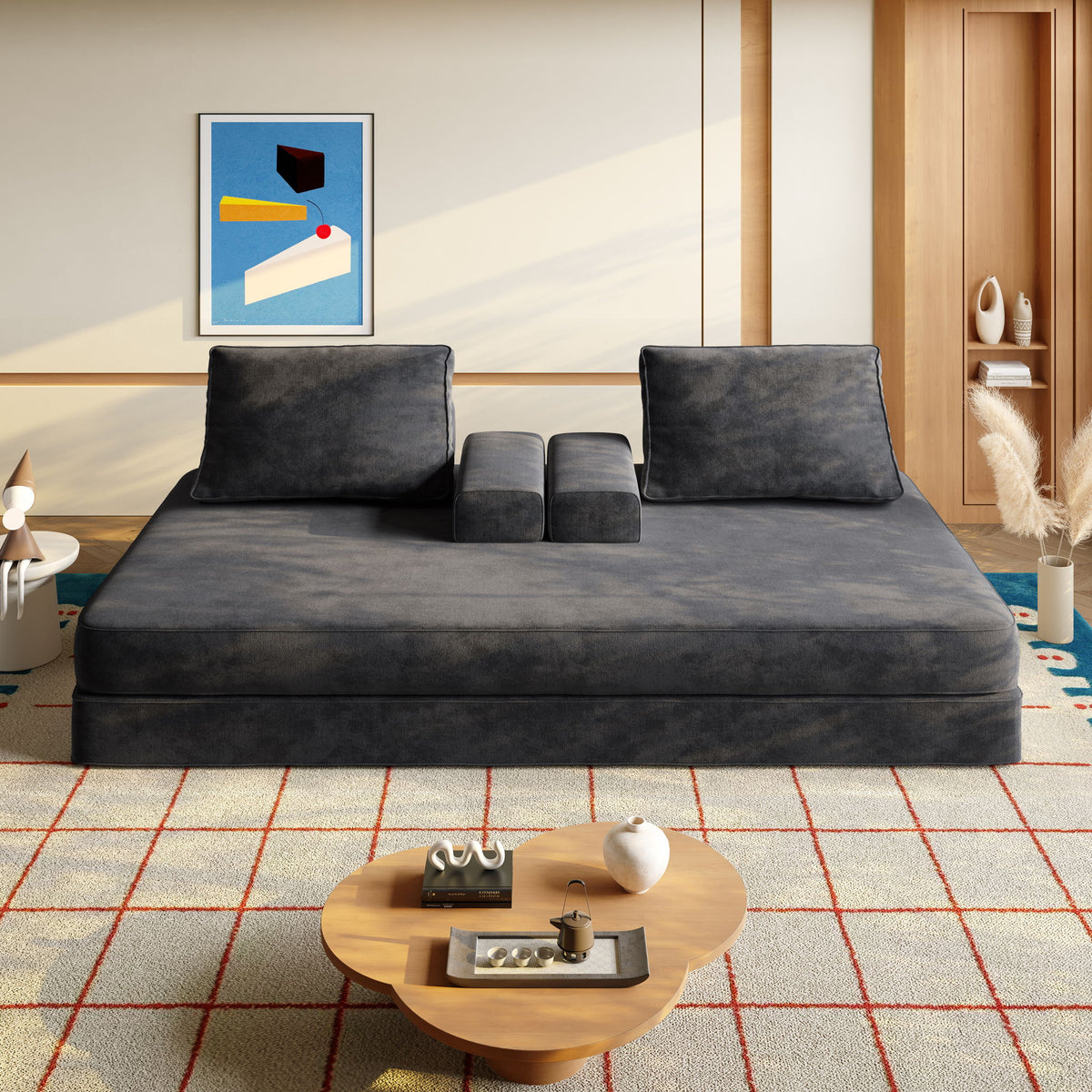 Multifunctional Convertible Sofa Bed With 2 Tumbler Backrests And 2 Pillows, Deep Seat Couch