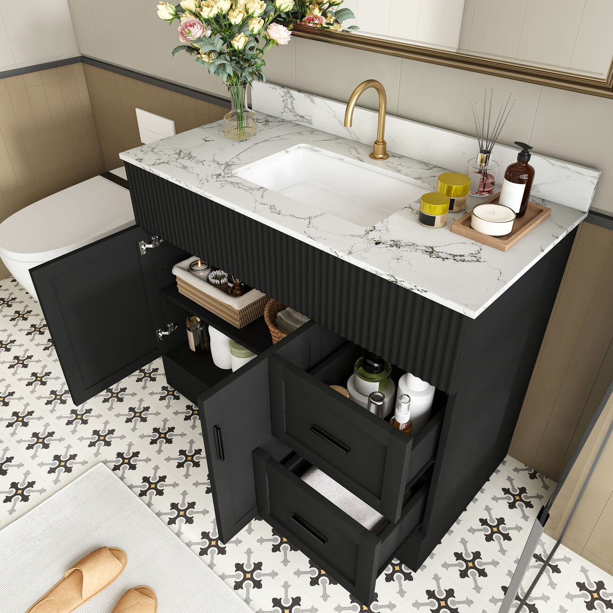 Bathroom Vanity Set, Fluted Cabinet, Soft Close Doors With Drawers, Single Faucet Hole, Sink Included - Black
