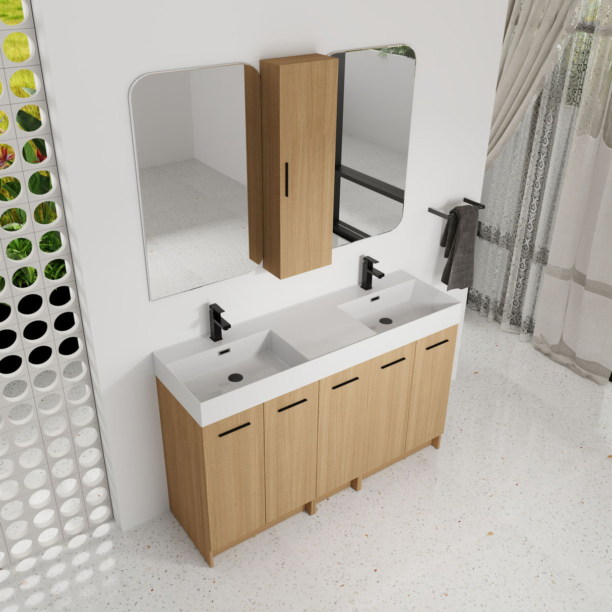 Double Sink Bathroom Vanity Set With Tall Linen Cabinet, Extra Large Storage, Integrated Sink, Freestanding Cabinet - Light Oak / White