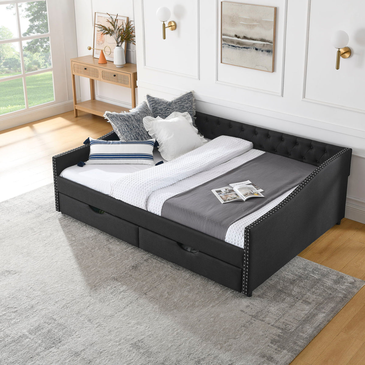 Upholstered Tufted Daybed With 2 Drawers, Waved Arms