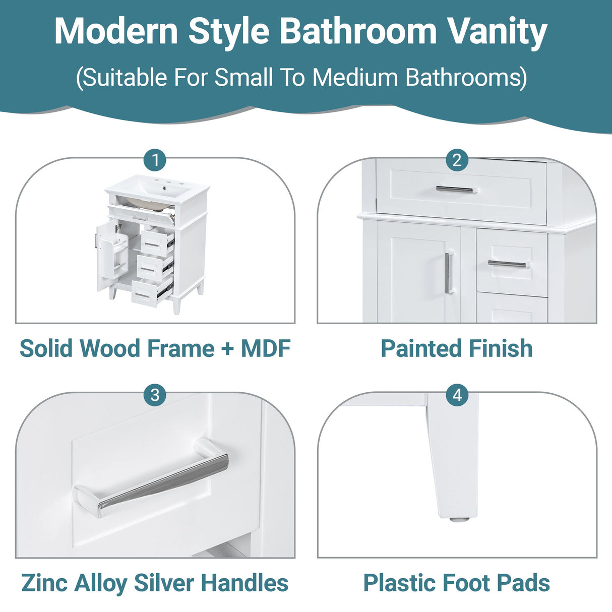 Modern Bathroom Vanity With Sink, Flip Drawer & 3 Drawers, Soft Close Hinges, Adjustable Shelf