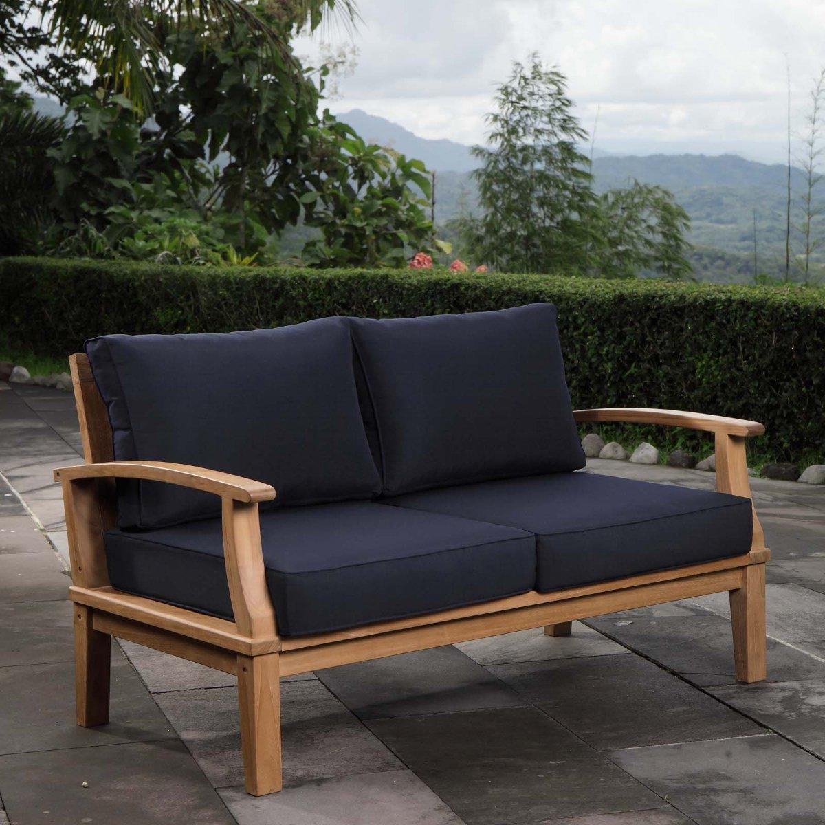 57" Natural Navy Teak Outdoor Loveseat - Outdoor - Alpine Outlets