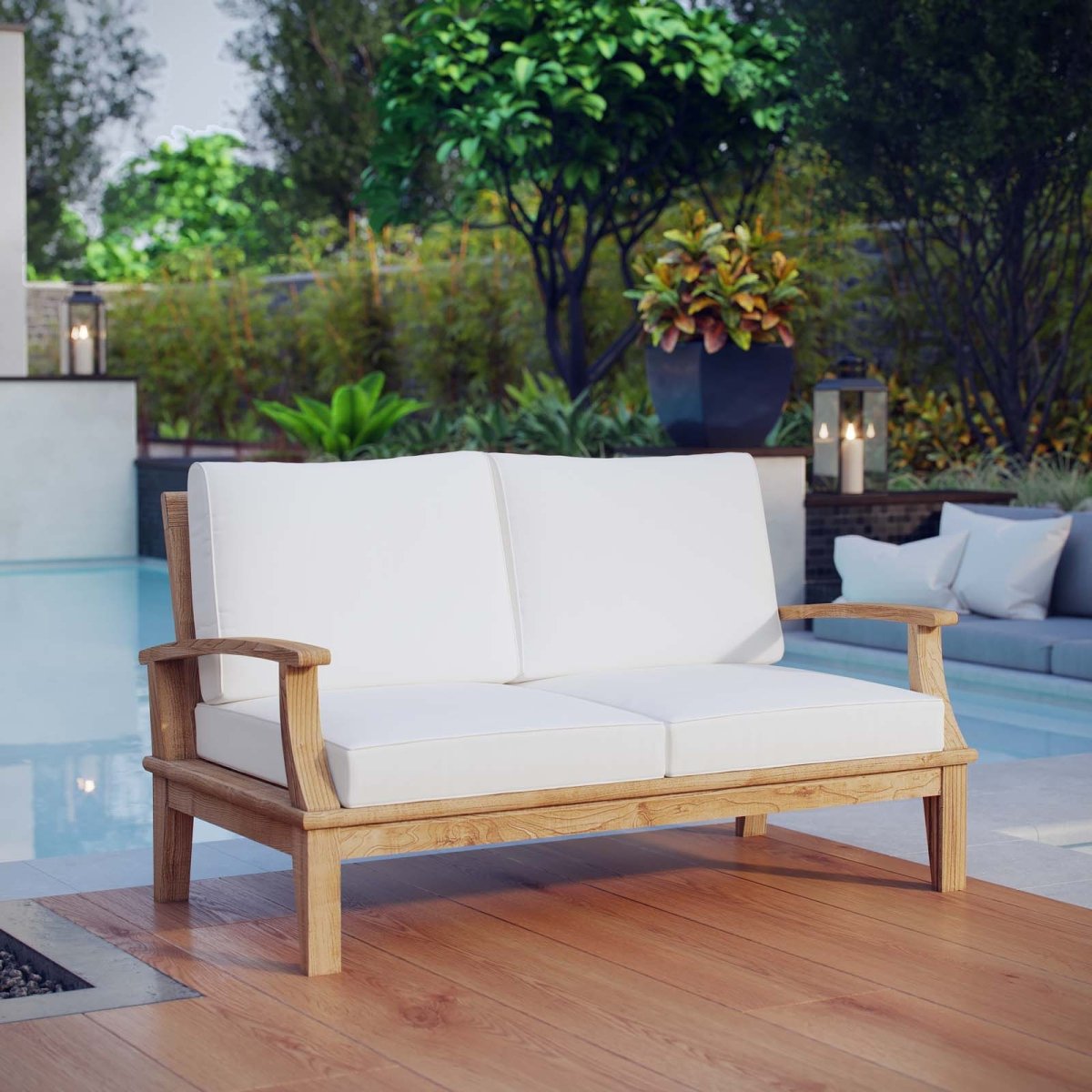 57" Natural White Teak Outdoor Loveseat - Outdoor - Alpine Outlets