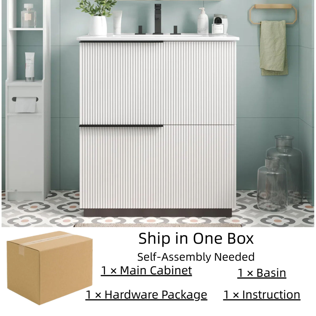 Fluted Bathroom Vanity With Ceramic Sink, Soft Close Slides