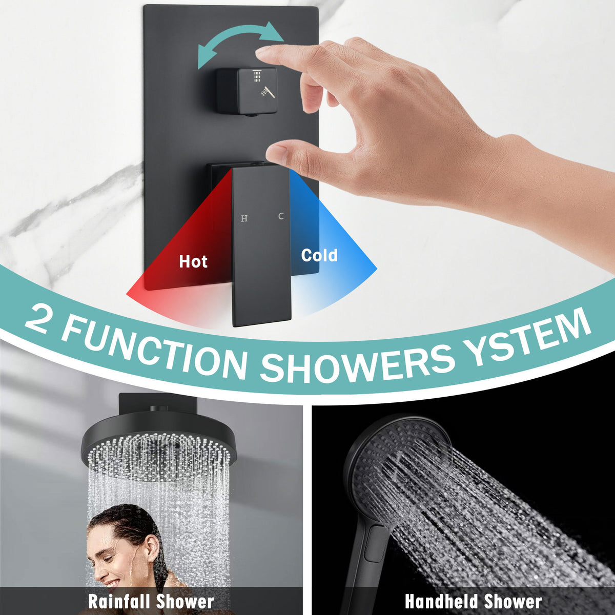Concealed Shower System 2 Function Set With Control Valve - Matte Black