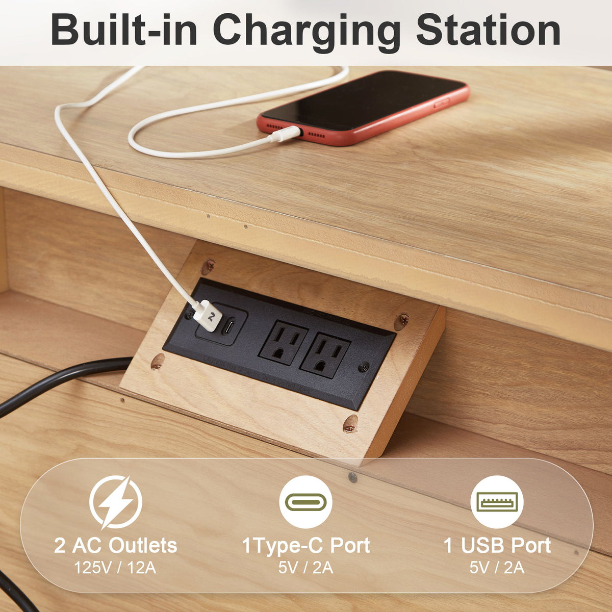 Nightstand With Charging Station, Bedside Table, 3 Drawers, USB And Type - C Ports