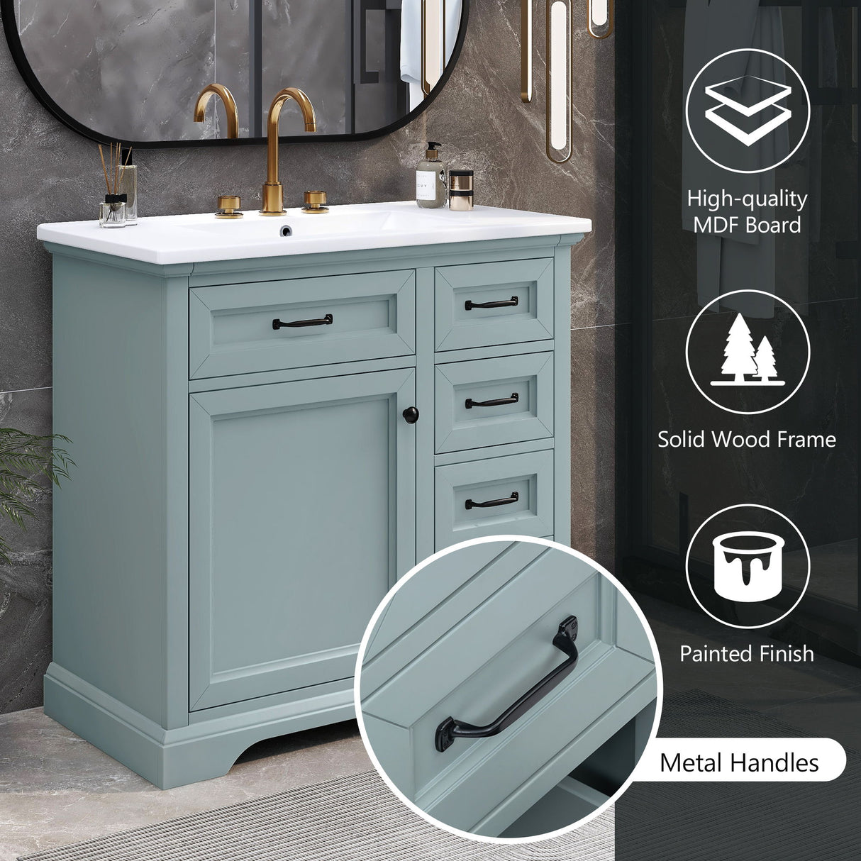 Bathroom Vanity With Ceramic Sink, Freestanding Design, 2 Tip Out Drawers, Soft Close Hinges - Gray