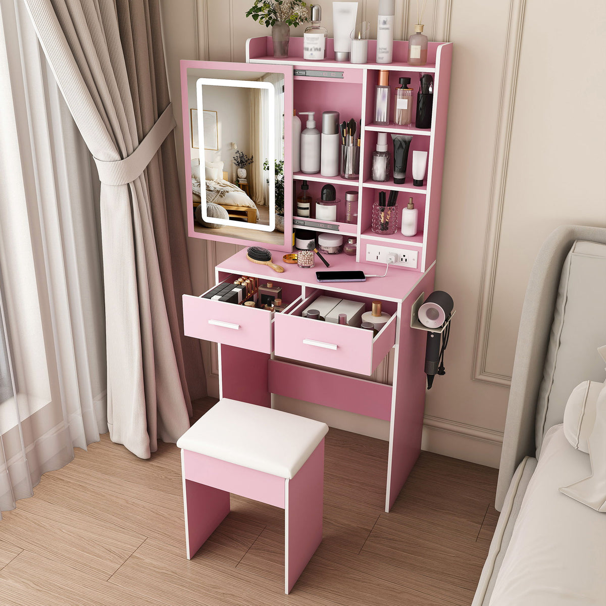 Small Makeup Vanity Desk With Adjustable LED Lights, Built In Power Outlet & Hidden Storage, Includes Padded Stool And Shelf - Pink