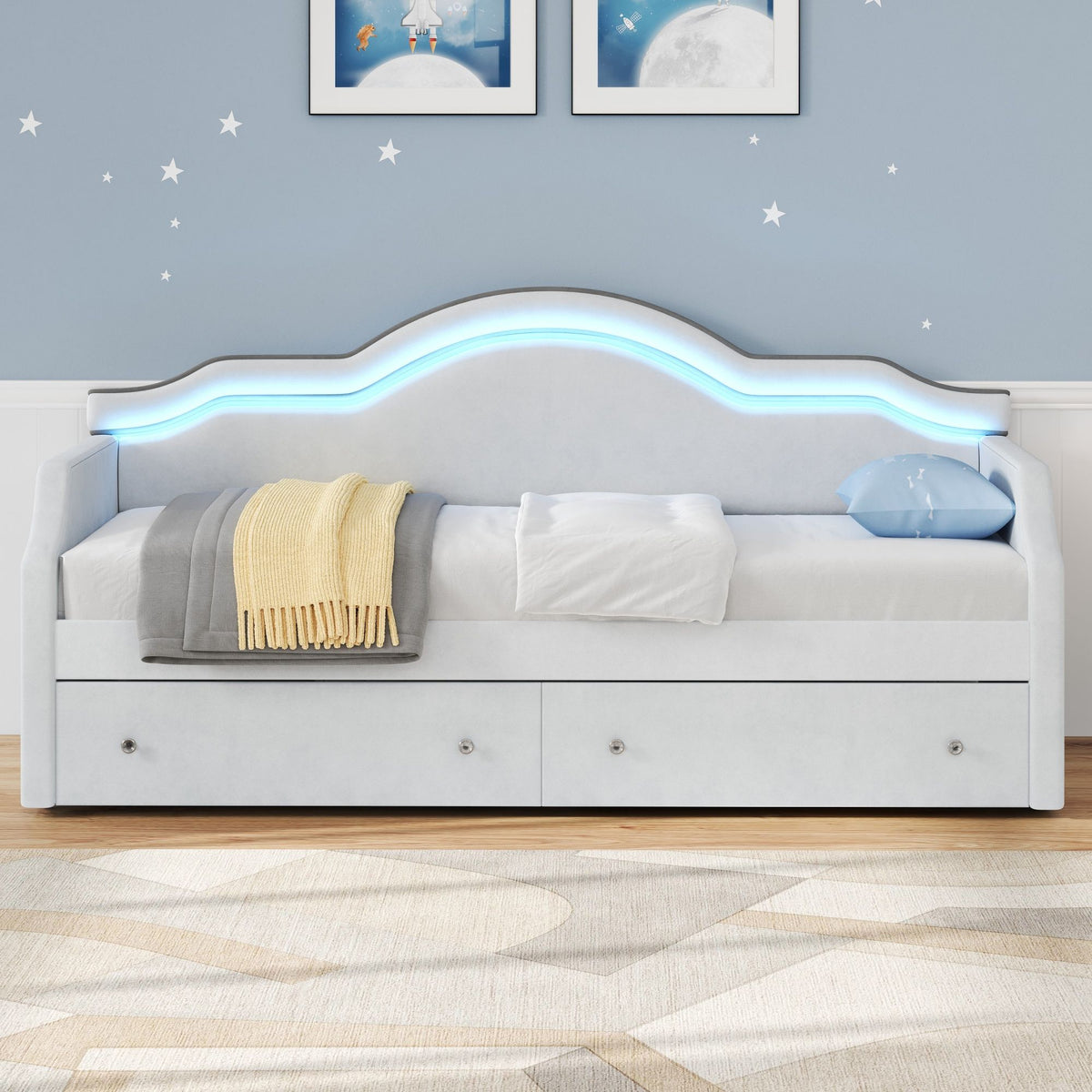 Twin Size Upholstered Daybed With LED Lights And 2 Drawers - Beige