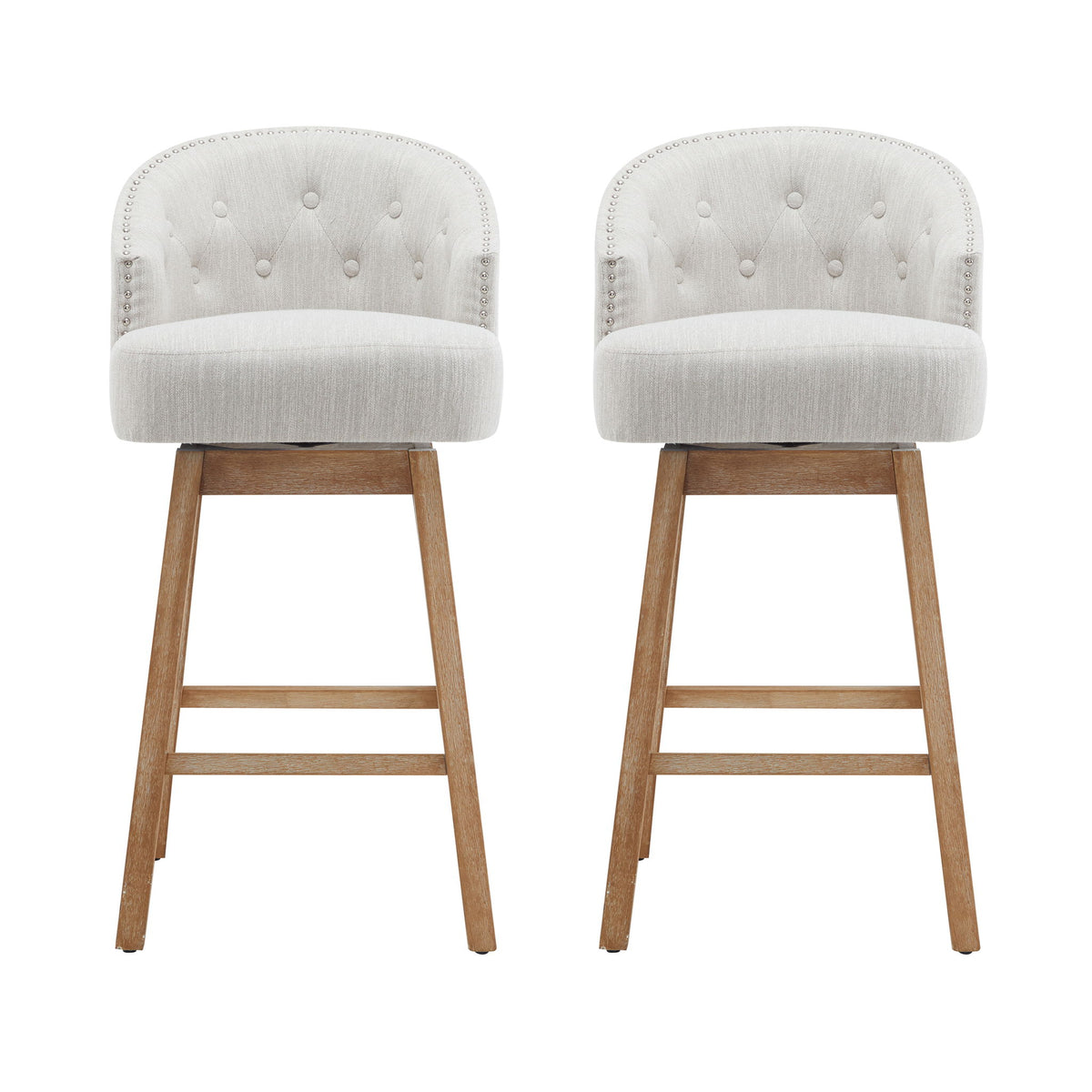 Swivel Counter Stools (Set of 2), Upholstered Counter Height Bar Stools With Solid Rubber Wood Frame, Backrest, Footrest, Armless Barstools For Home Bar, Kitchen Counter - Natural / Beige