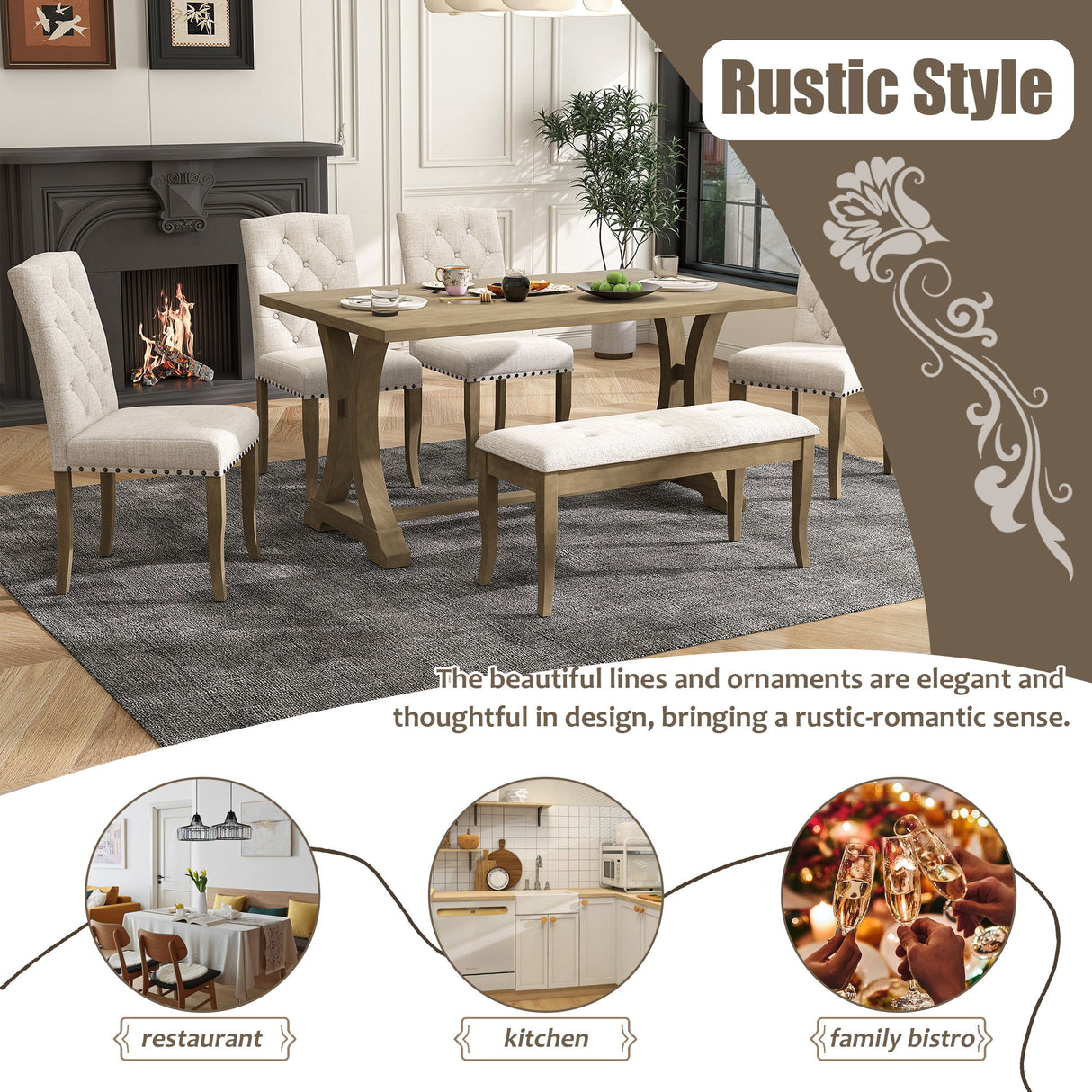 Dining Table Set With 4 Upholstered Chairs And Bench