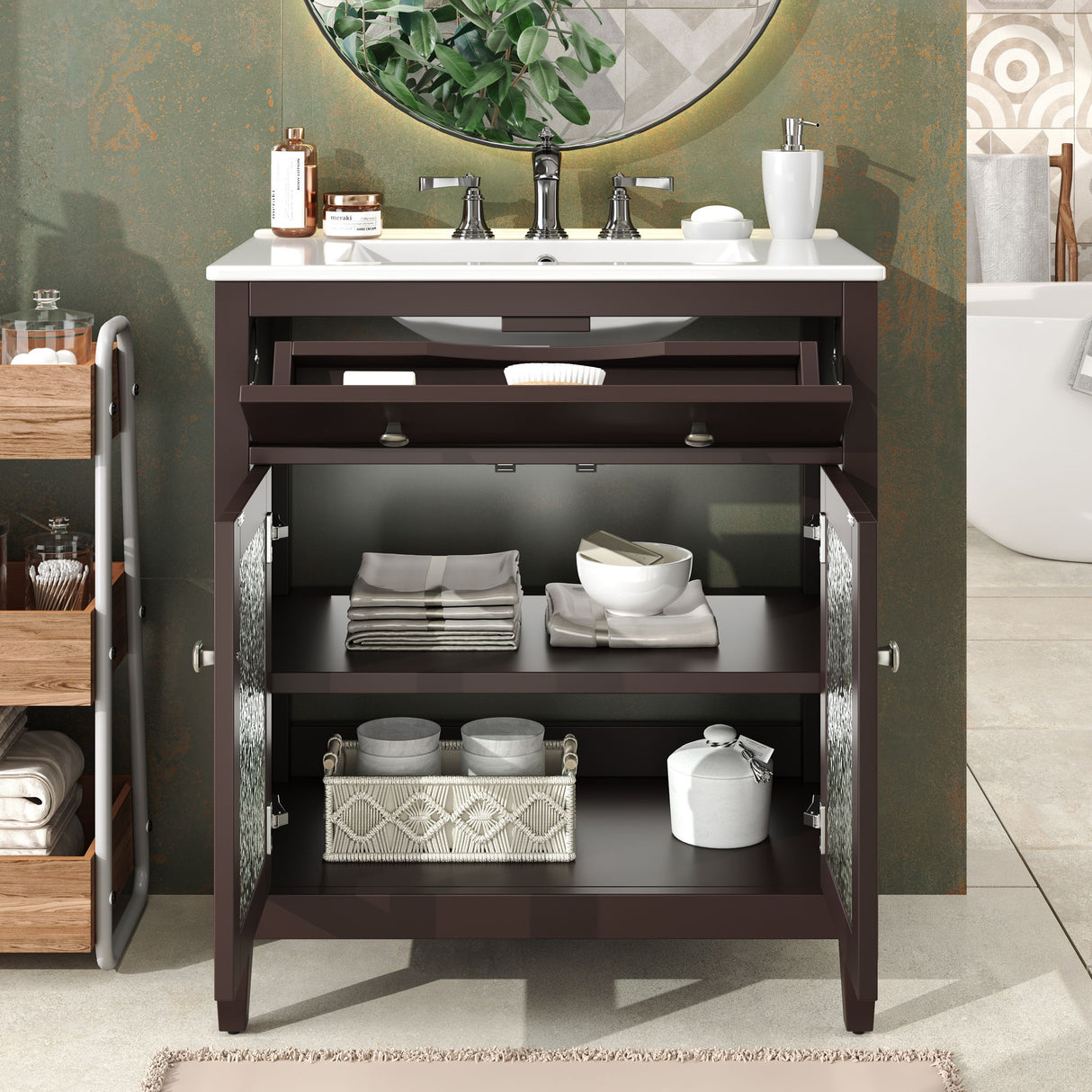 Bathroom Vanity With Ceramic Sink, Adjustable Shelf & Tip Out Tray