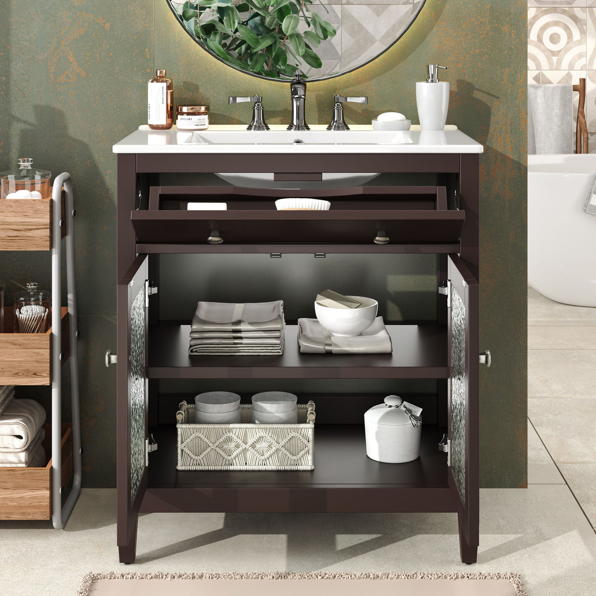 Bathroom Vanity With Ceramic Sink, Adjustable Shelf & Tip Out Tray
