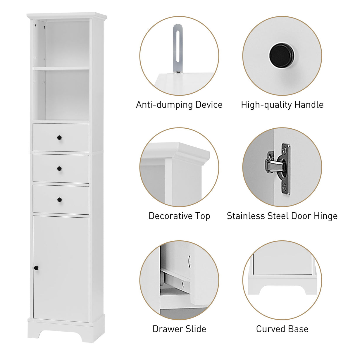 Tall Storage Cabinet With 3 Drawers And Adjustable Shelves For Bathroom