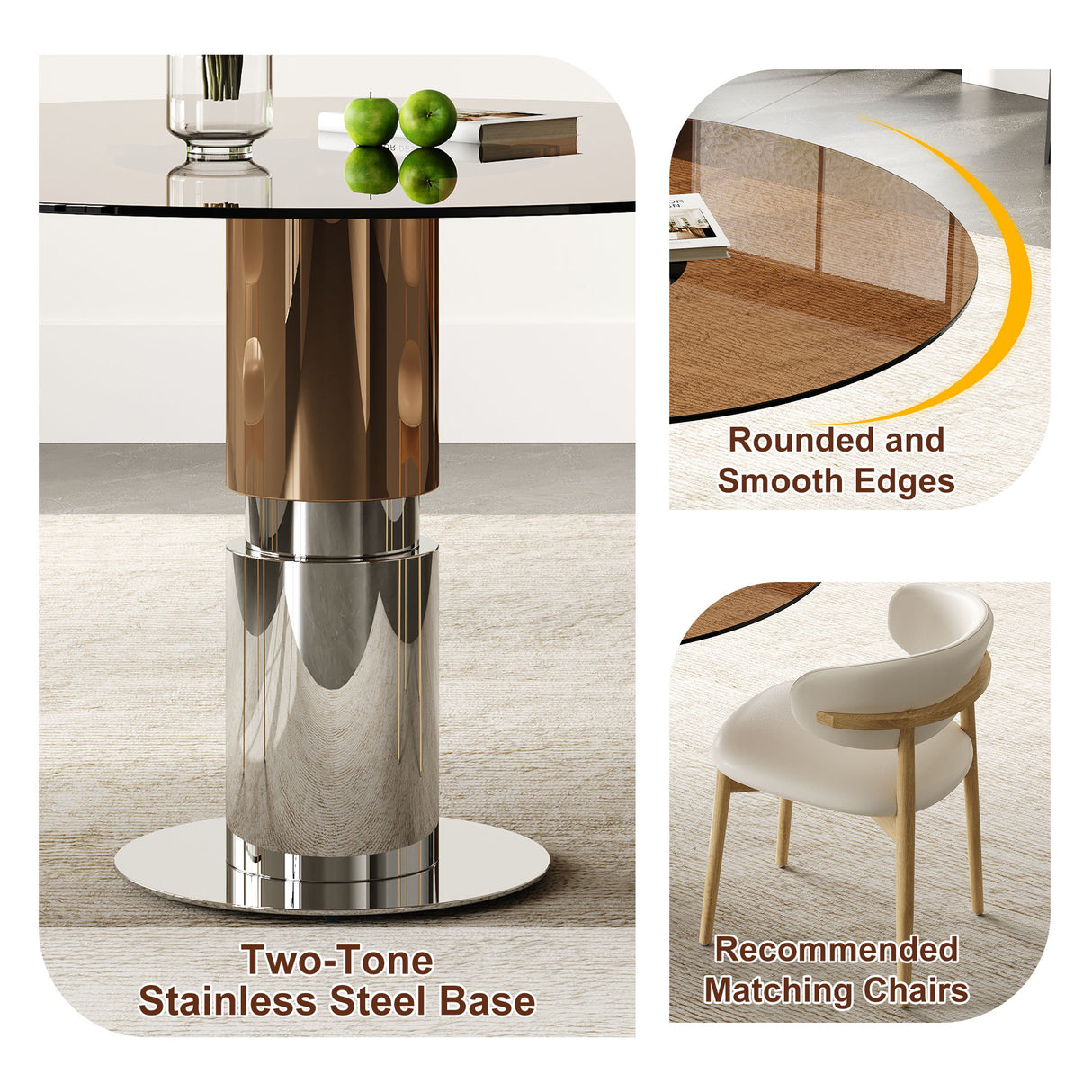 Round Dining Table With Tempered Glass Top - Brown