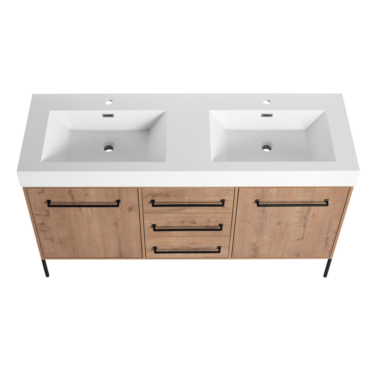 60" Freestanding Bathroom Vanity With Double Sink, Soft Close Doors, 3 Drawers - Imitative Oak