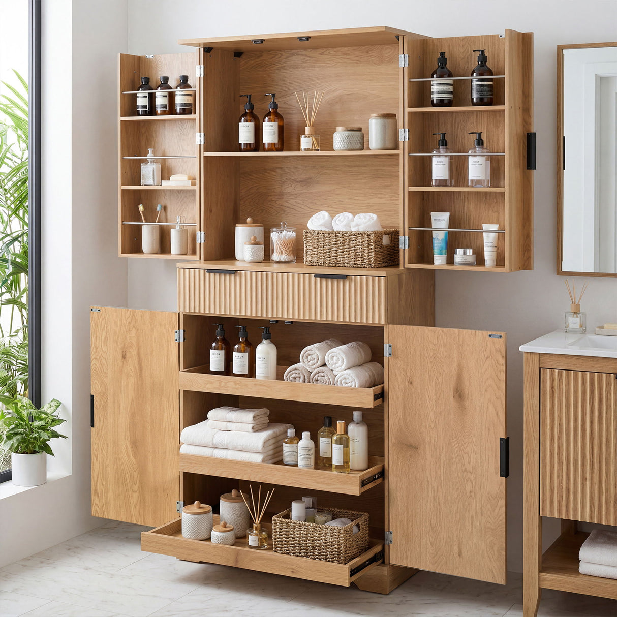 Fluted Kitchen Pantry Cabinet With 3 Keyboard Drawers & 6 Door Shelves Adjustable