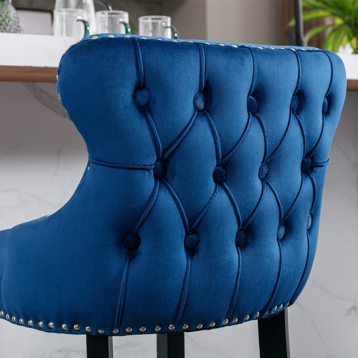 Contemporary Upholstered Wing-Back Barstools With Button Tufted Decoration And Wooden Legs, And Nailhead Trim, Leisure Style Bar Chairs, Bar Stools (Set of 2)
