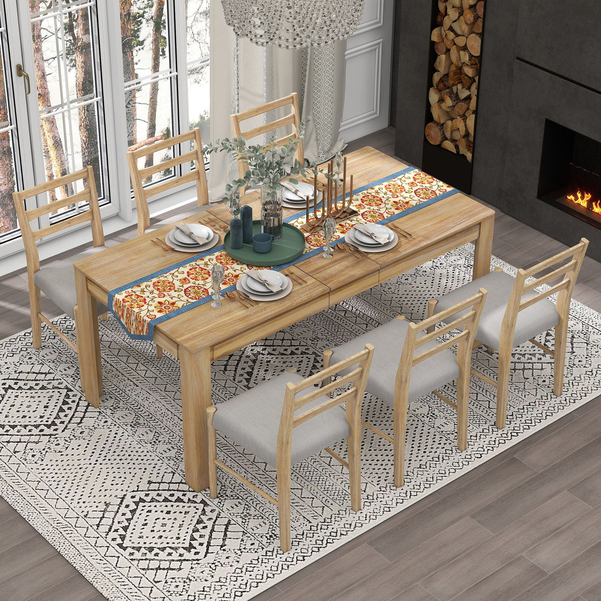 7 Piece Dining Set With Extendable Table, 2 Drawers & 6 Upholstered Chairs