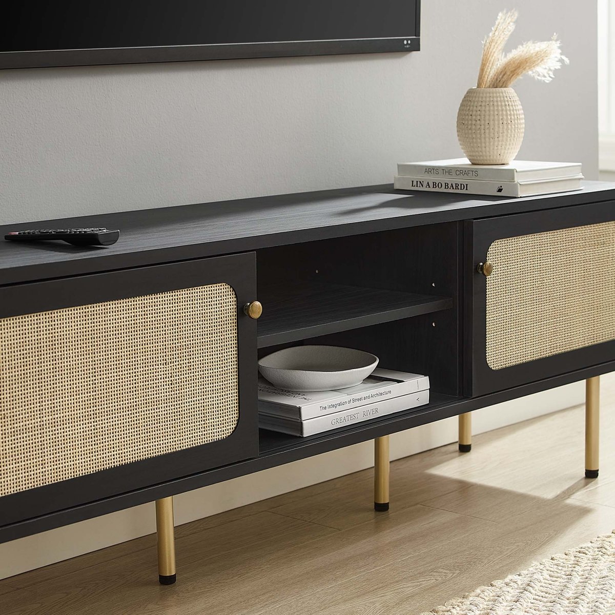 59 Inch Modern Rattan Sliding Door TV Stand - TV Stands available at Alpine Outlets in Denver