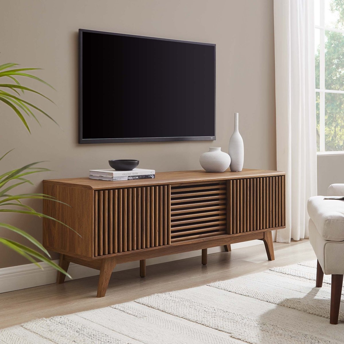 59 Inch Sleek Slatted TV Stand - TV Stands available at Alpine Outlets in Denver