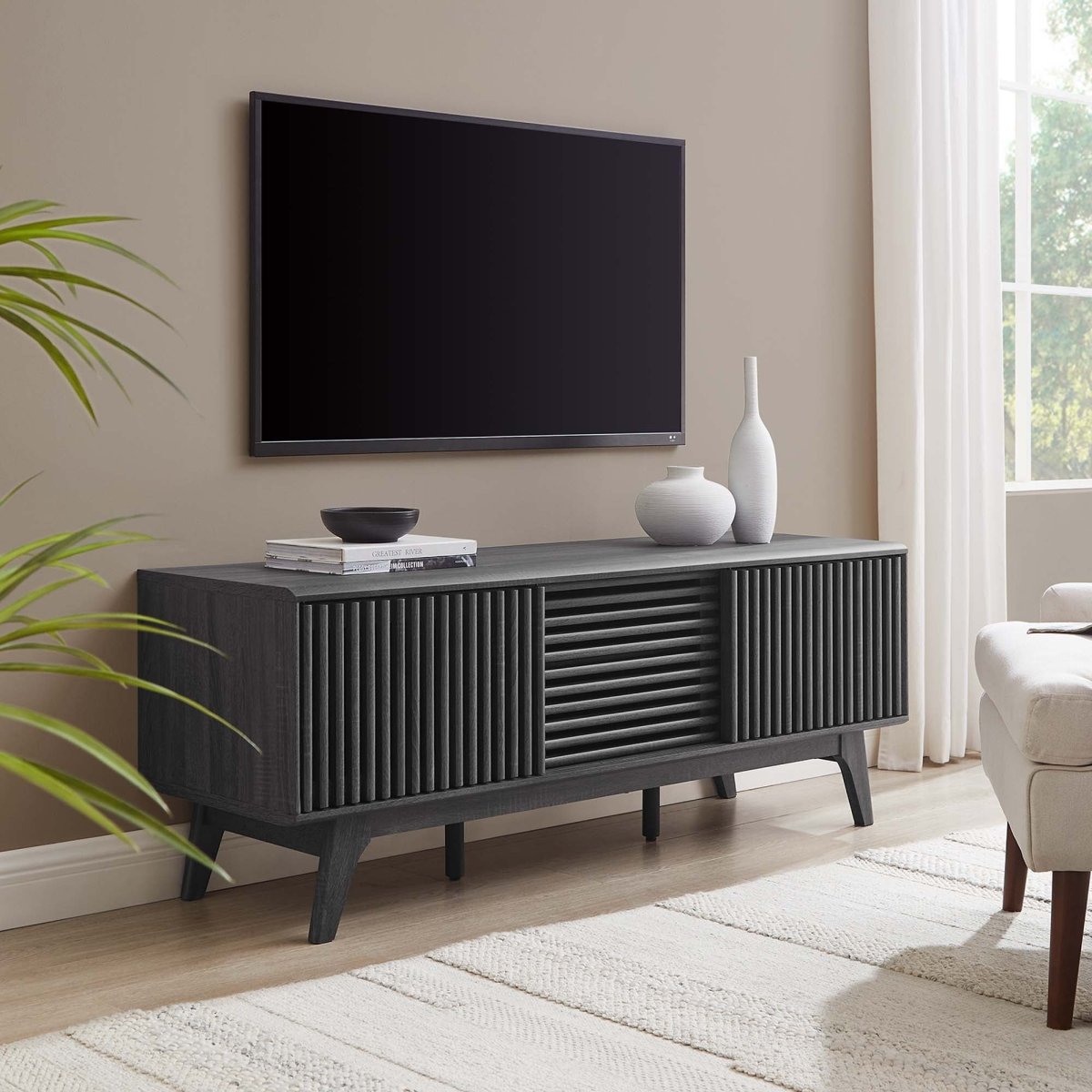 59 Inch Sleek Slatted TV Stand - TV Stands available at Alpine Outlets in Denver