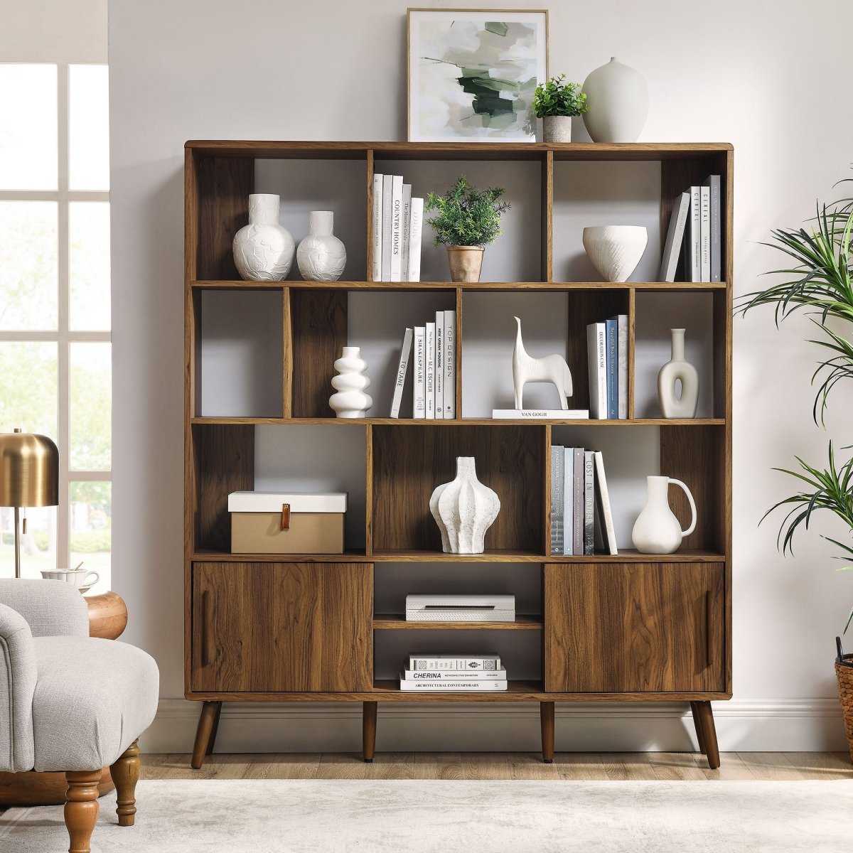 59" Wide Mid - Century Four - Tier Bookcase with Sliding Doors - Bookcases available at Alpine Outlets in Denver
