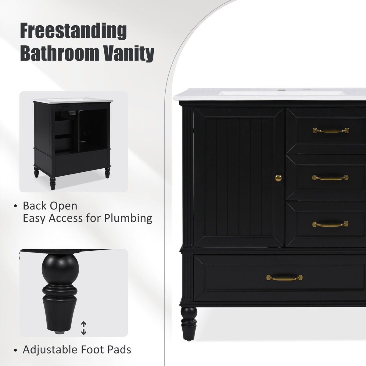 30" Bathroom Vanity With Sink, 3 Drawers, Adjustable Feet