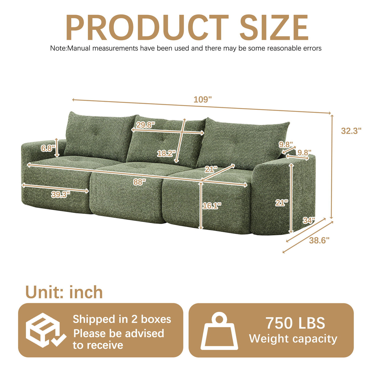 3 Seater With Thickened Armrests Sofa For Living Room