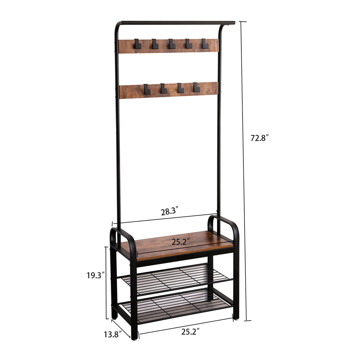 Coat Rack, Hall Tree With Shoe Bench For Entryway, Entryway Bench With Coat Rack, 4 In 1, With 9 Removable Hooks - Rustic Brown / Black