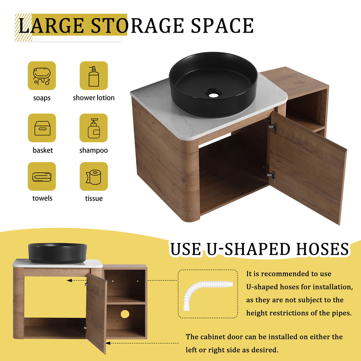 Wall Mounted Bathroom Vanity With Art Sink, 1 Storage Shelf, 2 Soft Close Doors