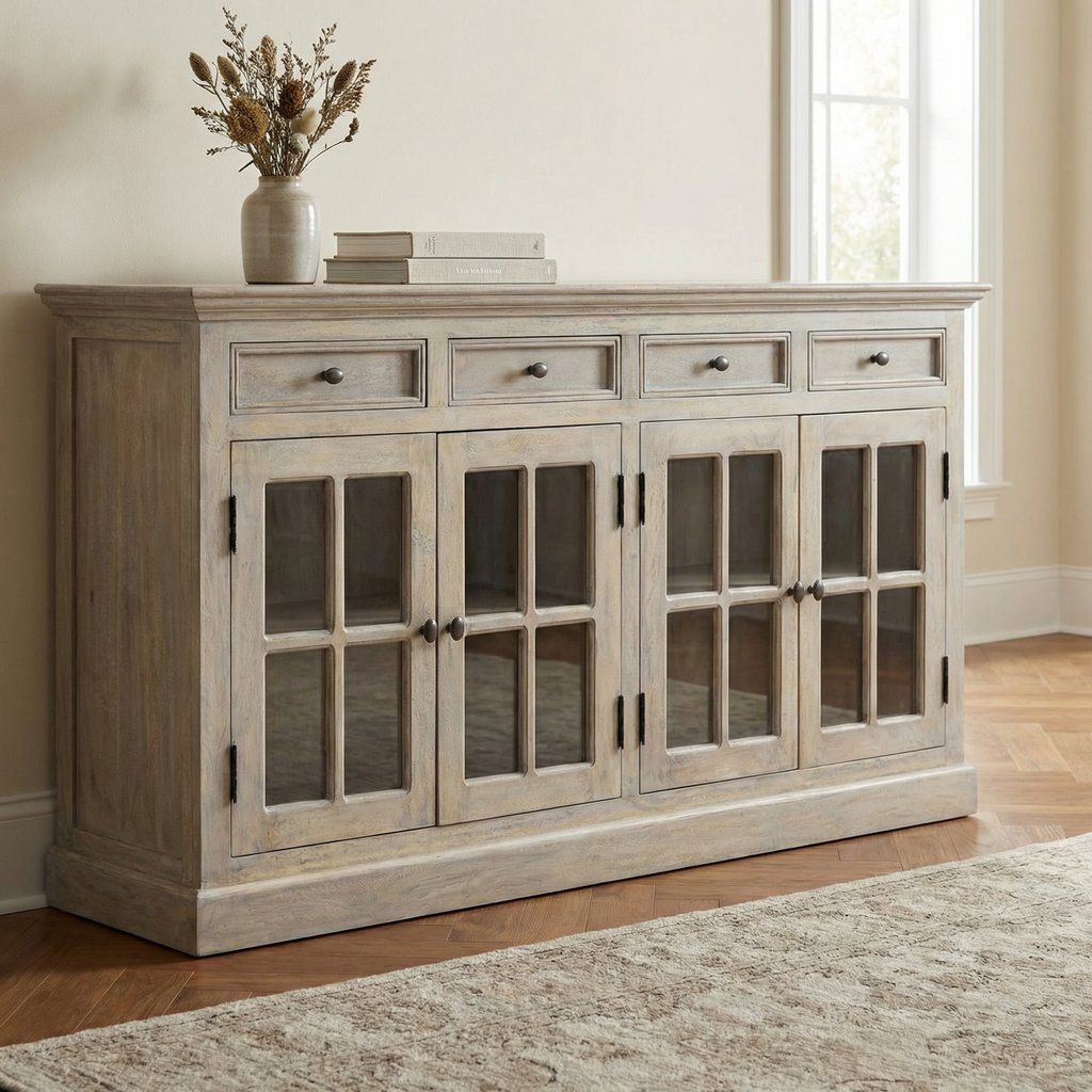 Glazed Sideboard Buffet Storage Cabinet Solid Mango Wood 65x35in Gray