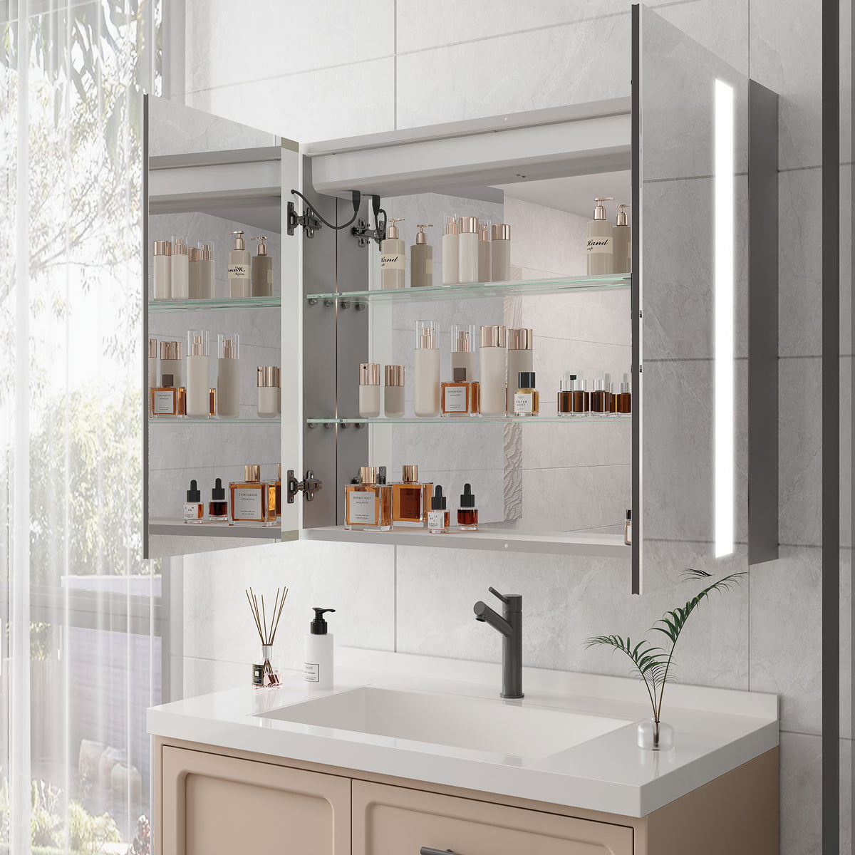 LED Medicine Cabinet With Mirror, Double Door With Defogger, Dimmer, Surface Mount