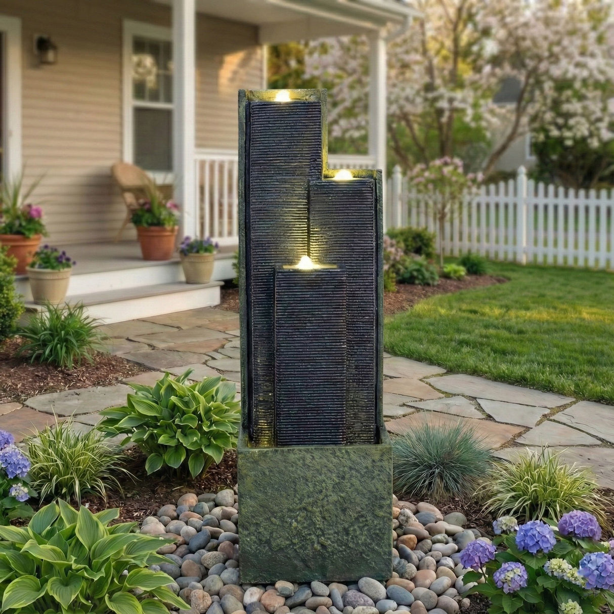 3 Tier Waterfall Fountain With LED Lights - Gray