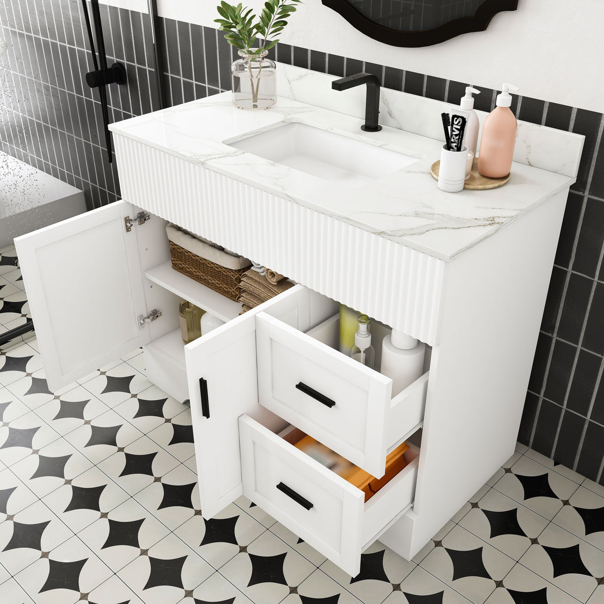 Bathroom Vanity Set, Fluted Cabinet, Soft Close Doors & Drawers - White