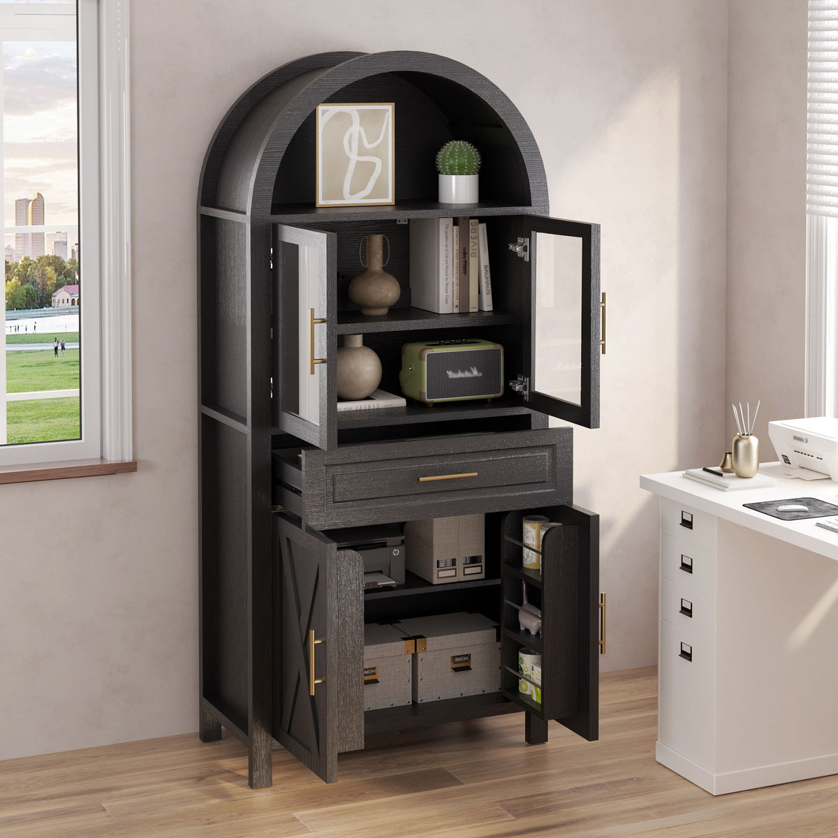 Arched Kitchen Pantry Cabinet With Adjustable Shelves & Barn Door Design