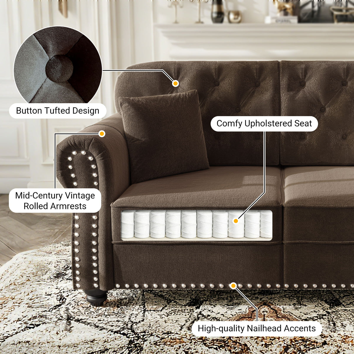 Upholstered Sofa Set With Nailhead Trim And Rolled Armrests, Includes Pillows