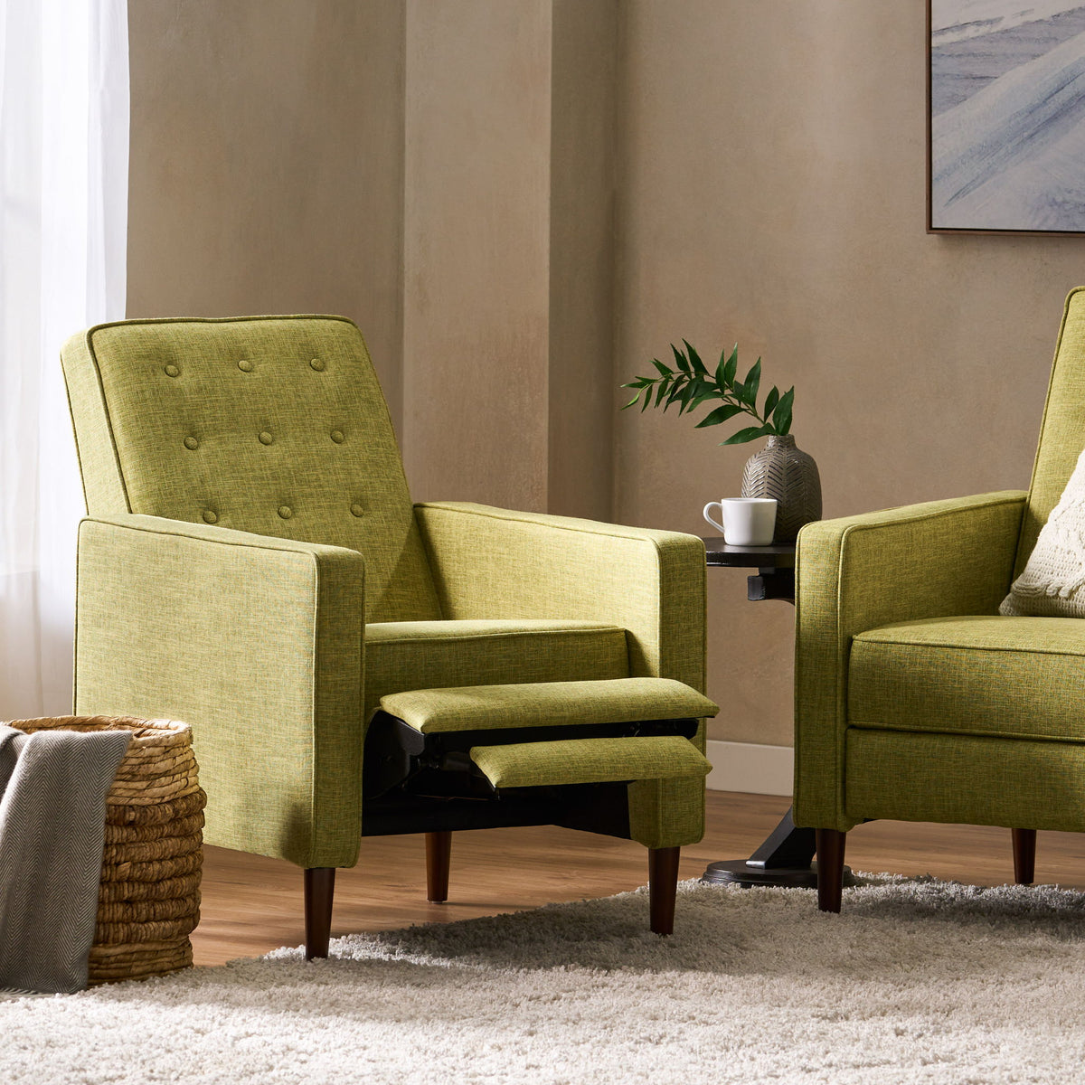 Mid-Century Modern Recliner With Button Tufted Waffle Stitch