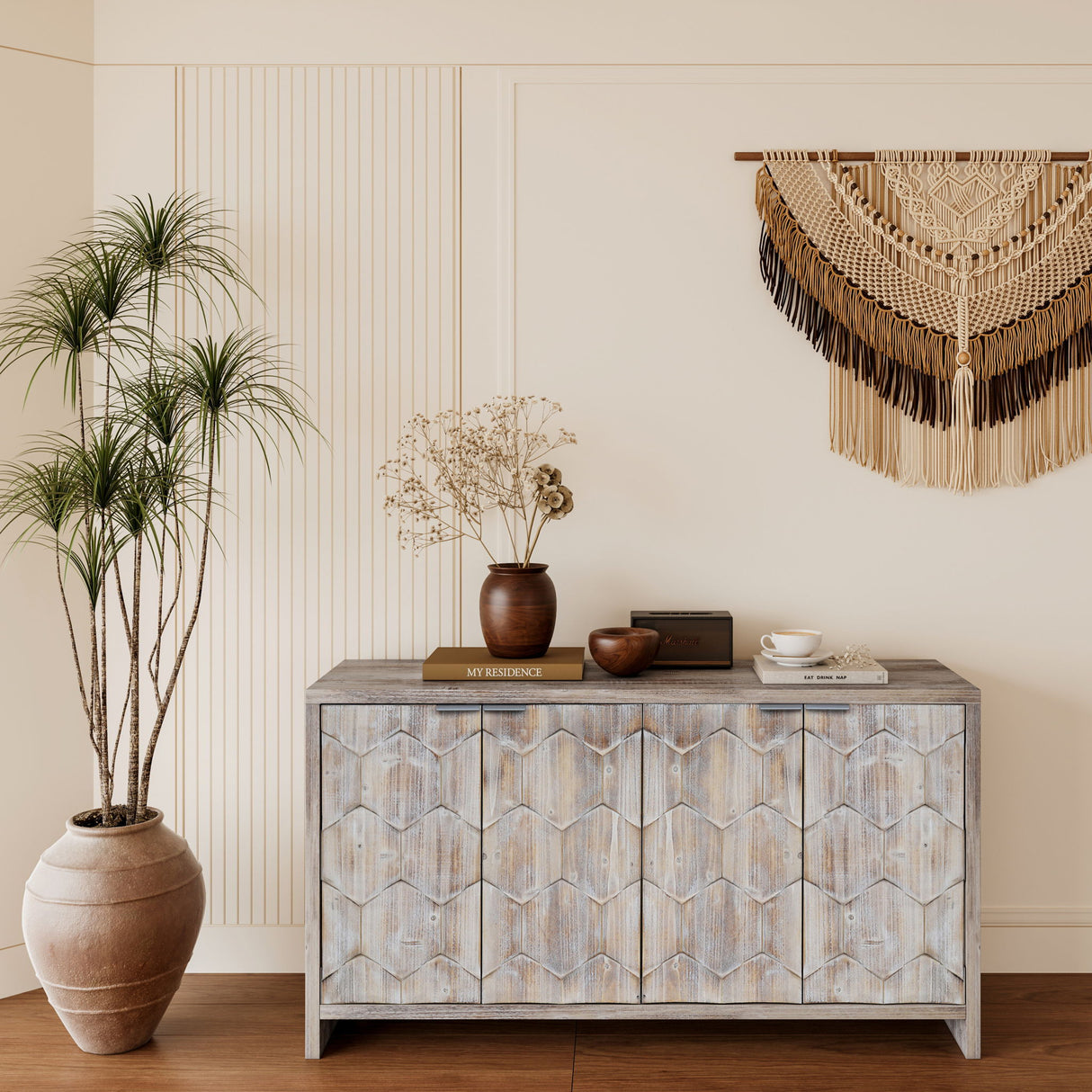 Accent Cabinet Farmhouse Style 4 Door Wooden Cabinet Sideboard Buffet Server Cabinet Storage Cabinet, For Living Room, Entryway, Hallway, Office, Kitchen And Dining Room - Natural Wood Wash