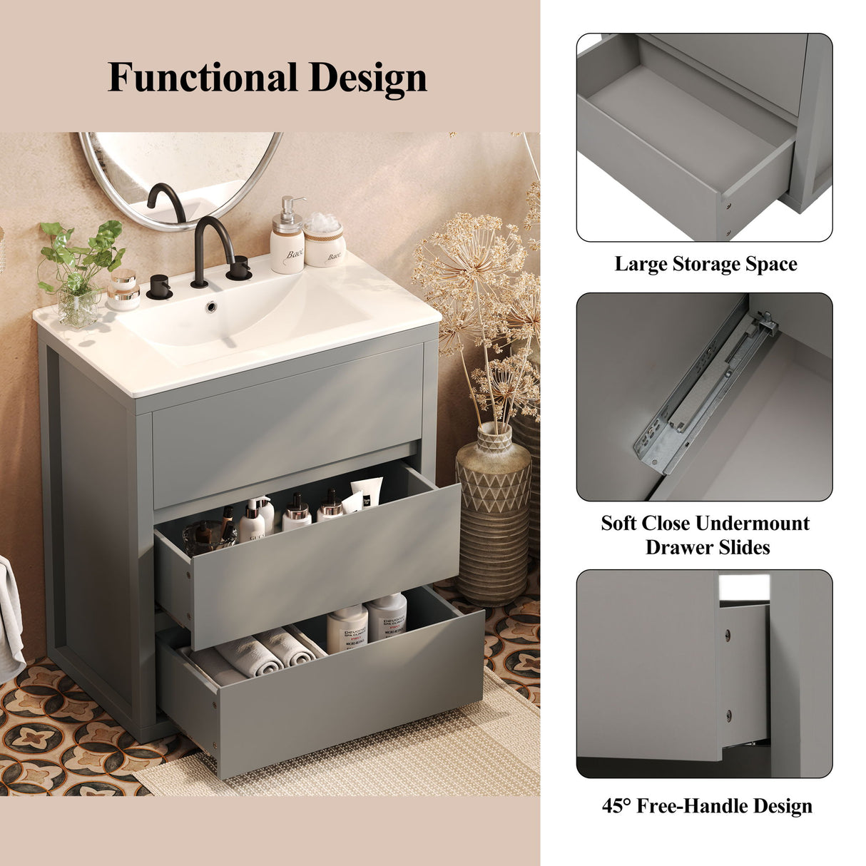 Double Sinks Bathroom Vanity Set With 2 Ceramic Basins