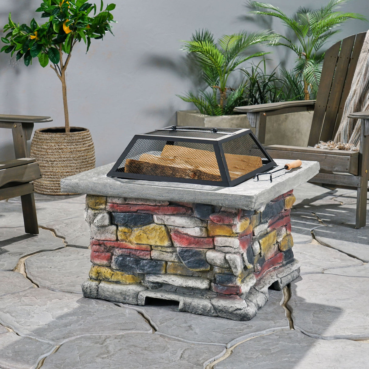 Outdoor Wood Burning Magnesium Oxide Fire Pit with Lid in Stone Gray