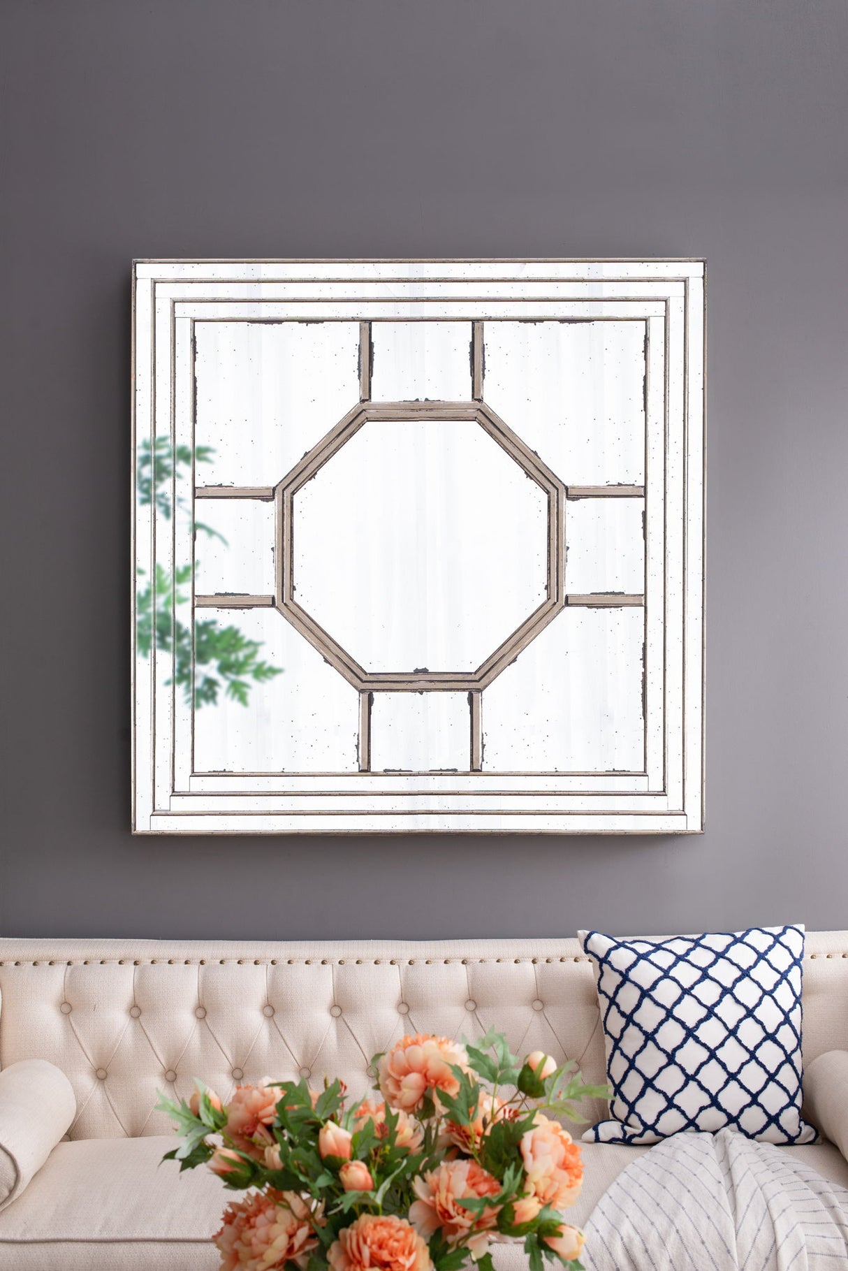 Antique Style Decorative Square Wall Mirror With Mirrored Frame, Wall Decor For Living Room Entryway, Console Lean Against Wall - Silver - Wall Mirrors - Alpine Outlets
