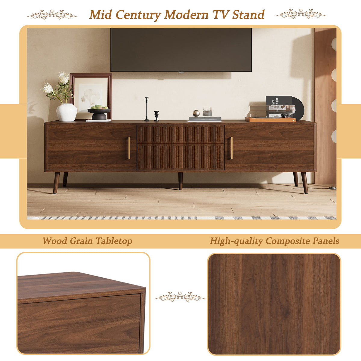 TV Stand With 2 Drawers, Media Console Table - Walnut
