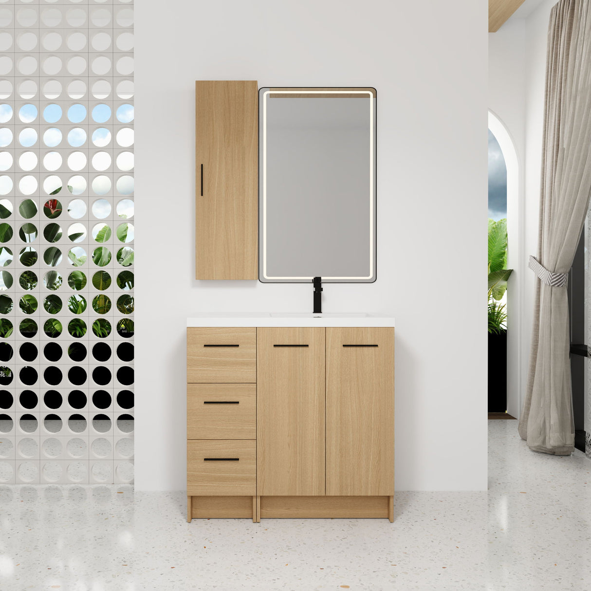 Freestanding Bathroom Vanity Set With Tall Linen Cabinet, 3 Drawers And Large Storage, Single Sink